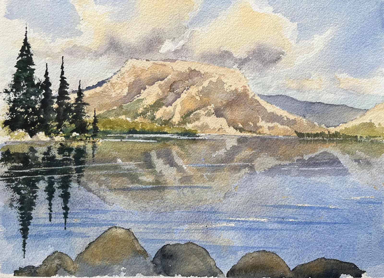 Anthony Averybritish Impressionist Watercolor Of Mountain Lake With Reflections