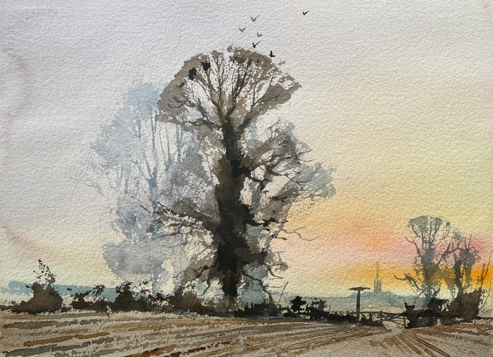Anthony Averybritish Impressionist Watercolor Of Tree Silhouette At Sunset With Distant Spire