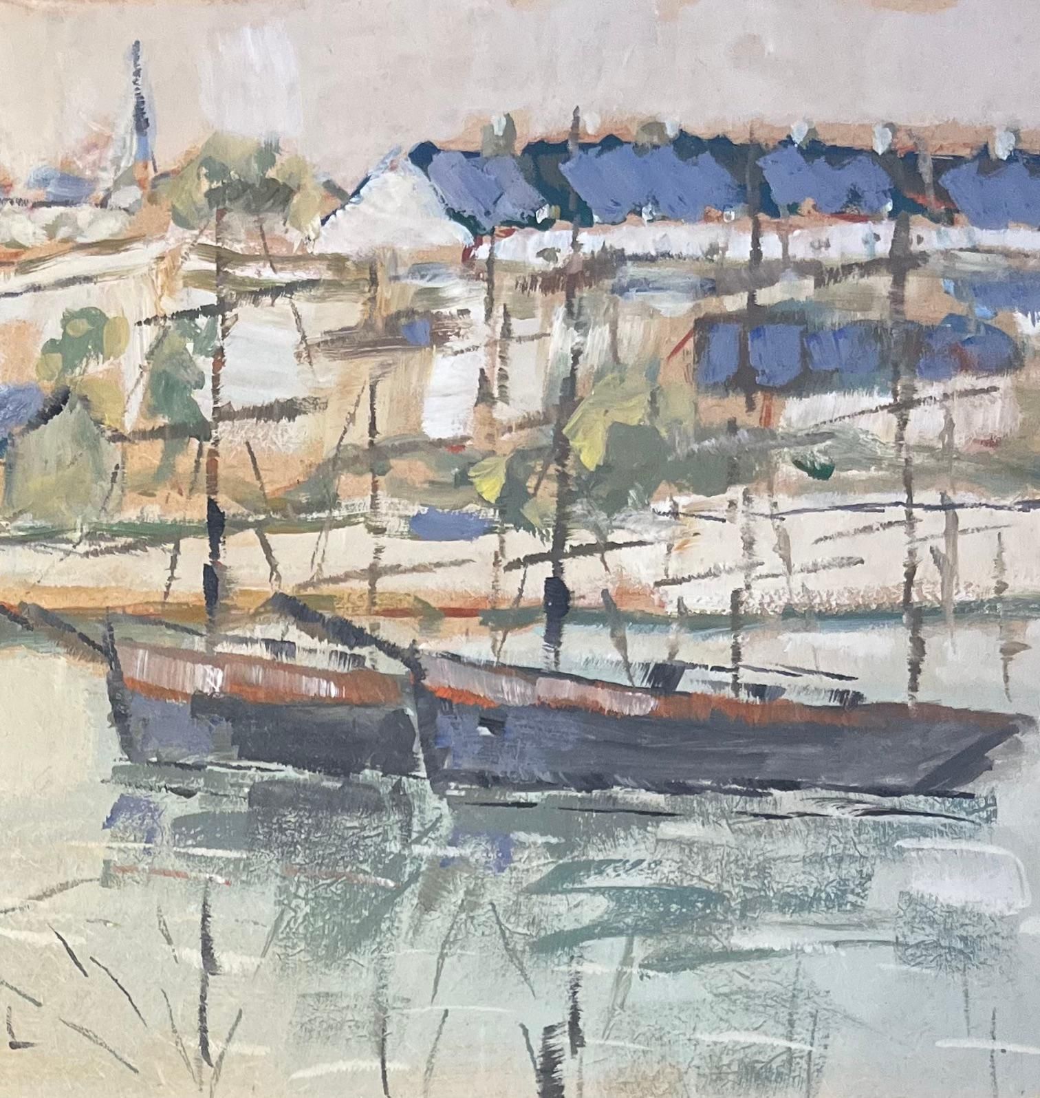Fanch Lelfrench Impressionist Oil Painting Of Tranquil Sailboats Along The Riverside20th Century photo Art