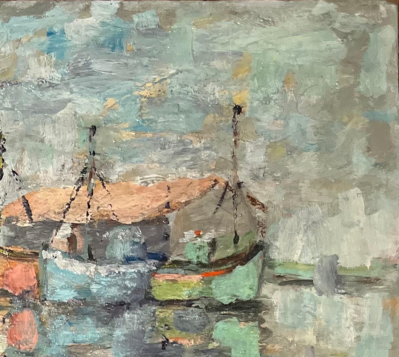 Fanch Lelfrench Impressionist Oil Painting Of A Tranquil Scene Of Fishing Boats At Rest20th Century photo for sale