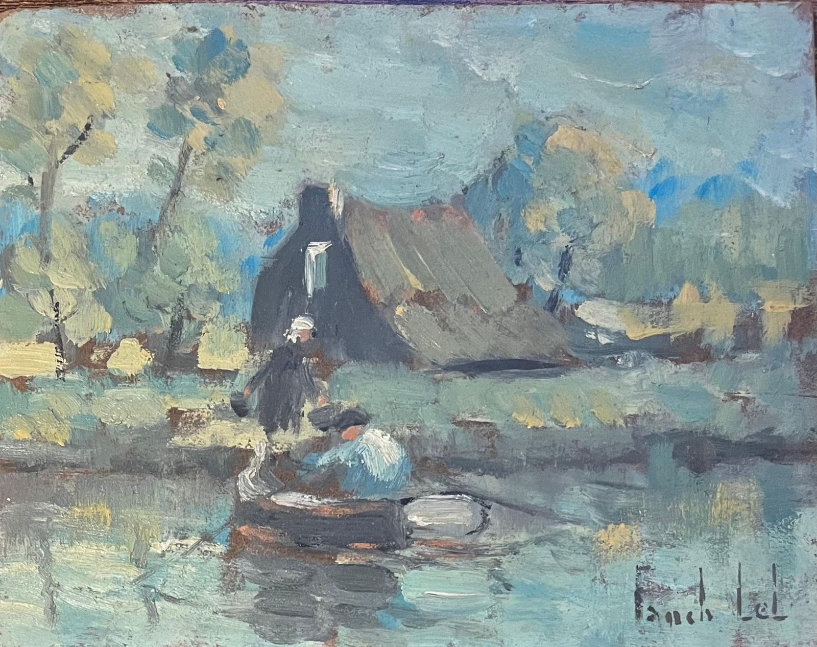 Fanch Lelfrench Impressionist Oil Painting Of La Vieille Ferme, Vendée, With Row Boat20th Century