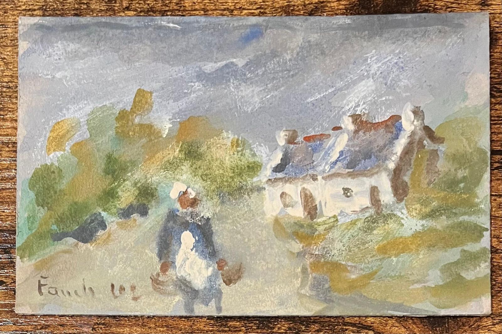 Fanch Lelfrench Impressionist Acrylic Painting Of A Farmer Near A Cottage20th Century photo furniture