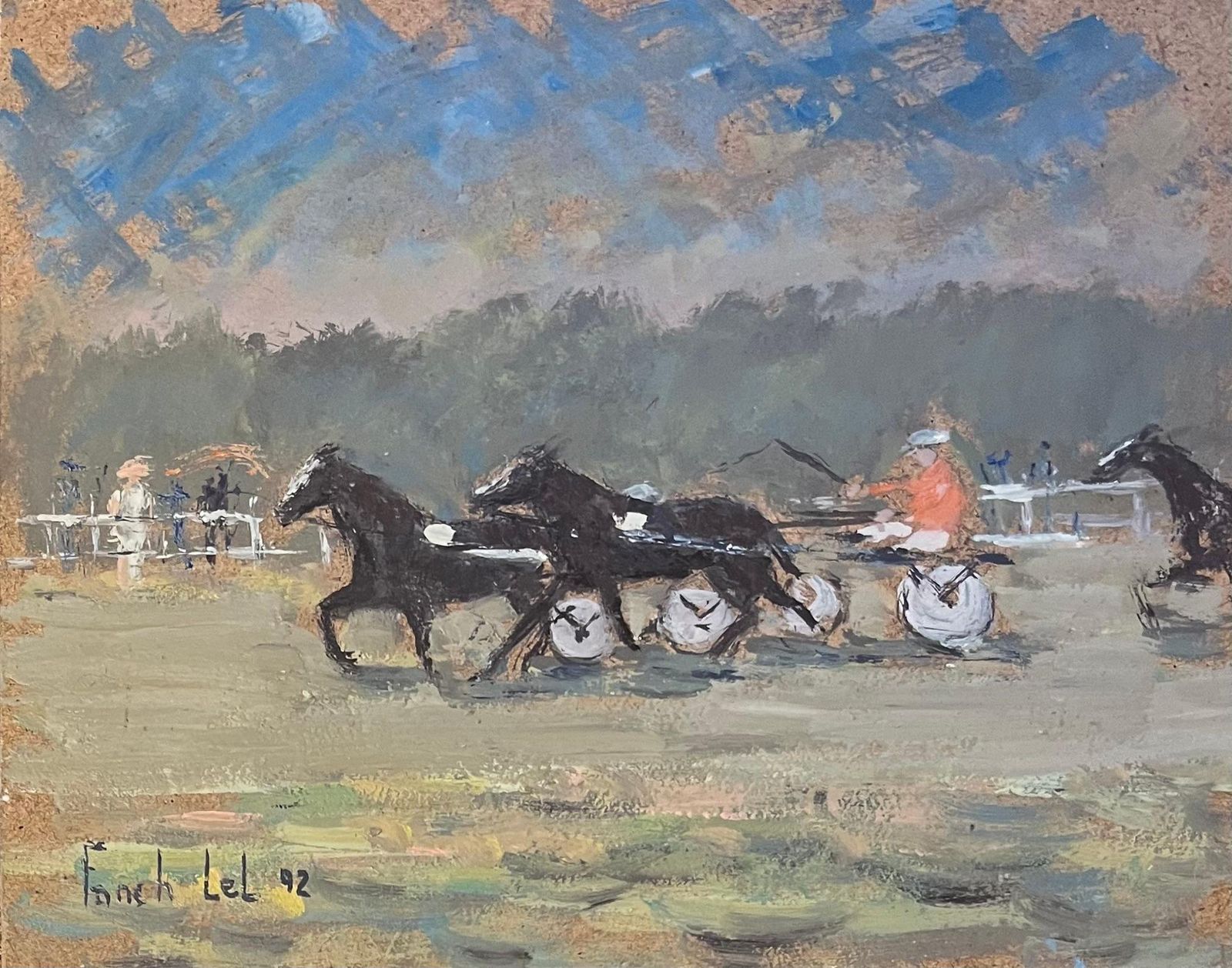 Fanch Lelfrench Impressionist Oil Painting Of Onlookers Watching Harness Racing1992