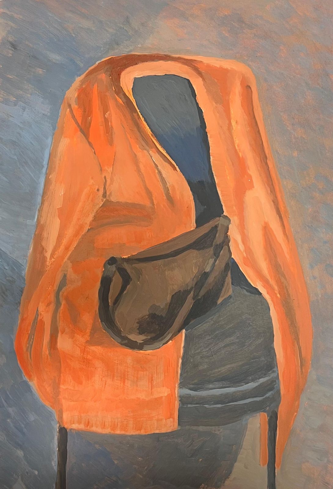 Helen Greenfieldchair Draped In Orange Cloth With A Simple Brown Bag