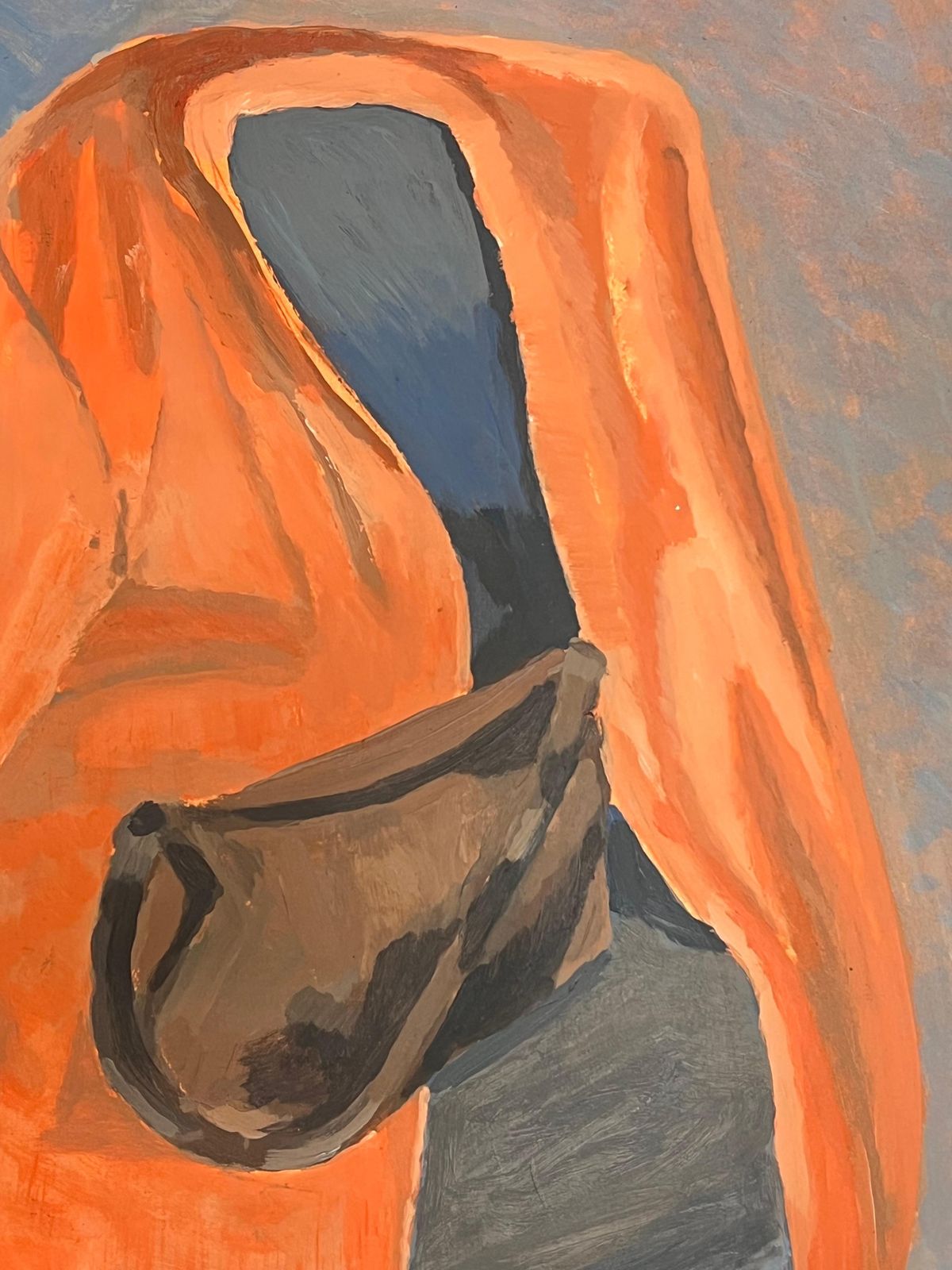 Helen Greenfieldchair Draped In Orange Cloth With A Simple Brown Bag photo for sale