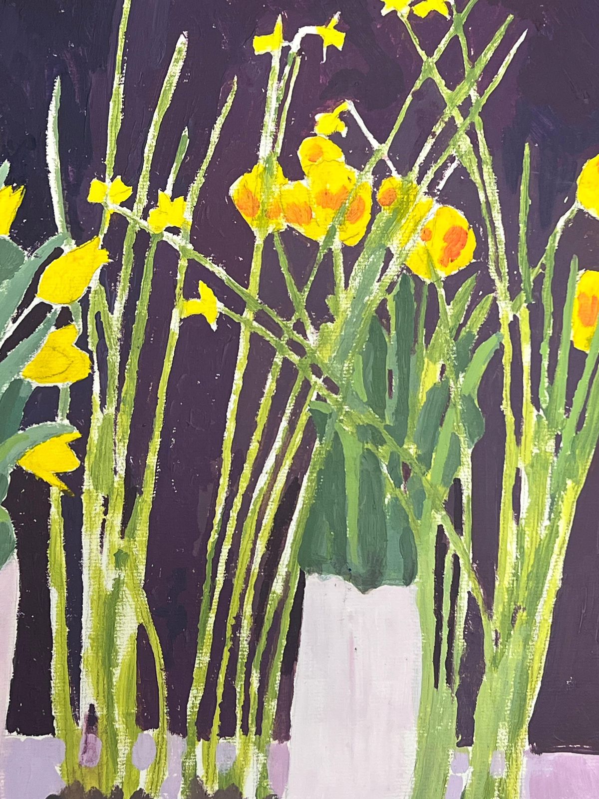 Helen Greenfieldbright Yellow Daffodils And Tulips In A Deep Purple Background photo for sale
