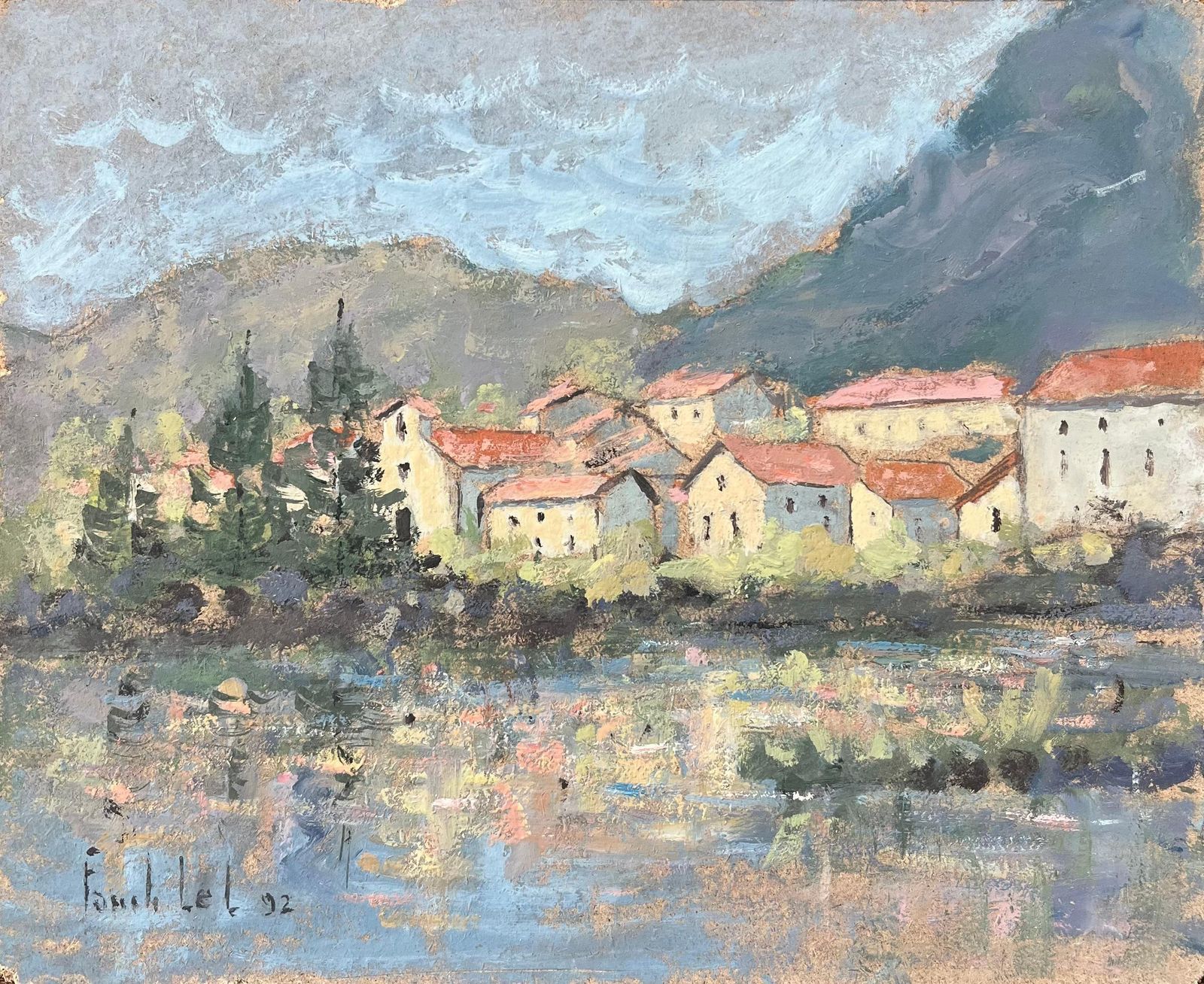 Fanch Lelfrench Impressionist Oil Painting Of Village De Laroque, Aveyron, France1992