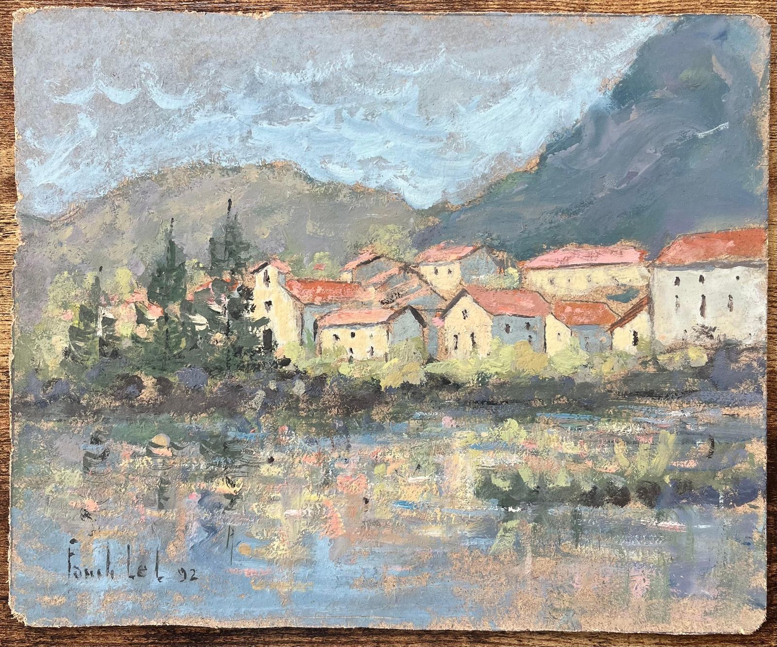 Fanch Lelfrench Impressionist Oil Painting Of Village De Laroque, Aveyron, France1992 photo furniture