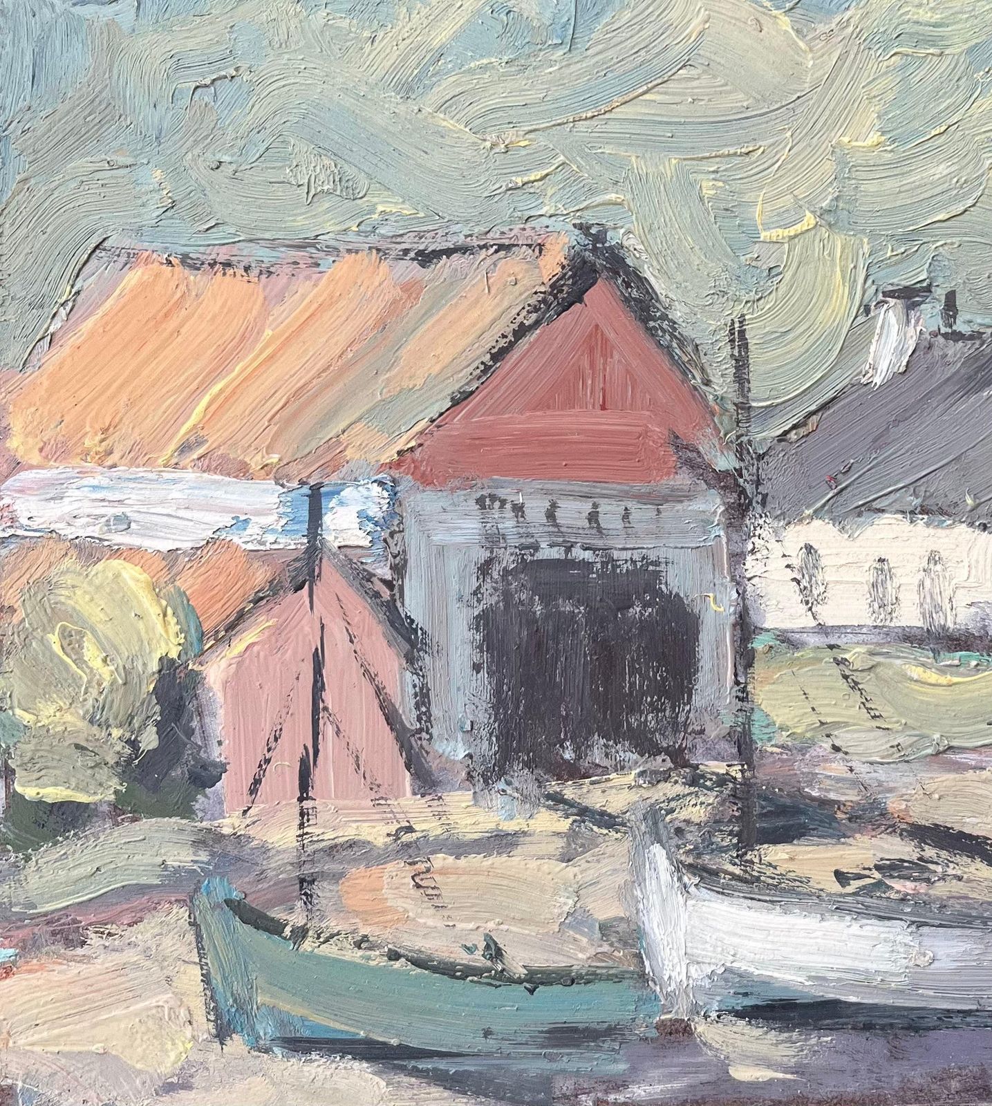 Fanch Lelfrench Impressionist Oil Painting Of Coastal Village With Boats Resting Ashore20th Century photo for sale
