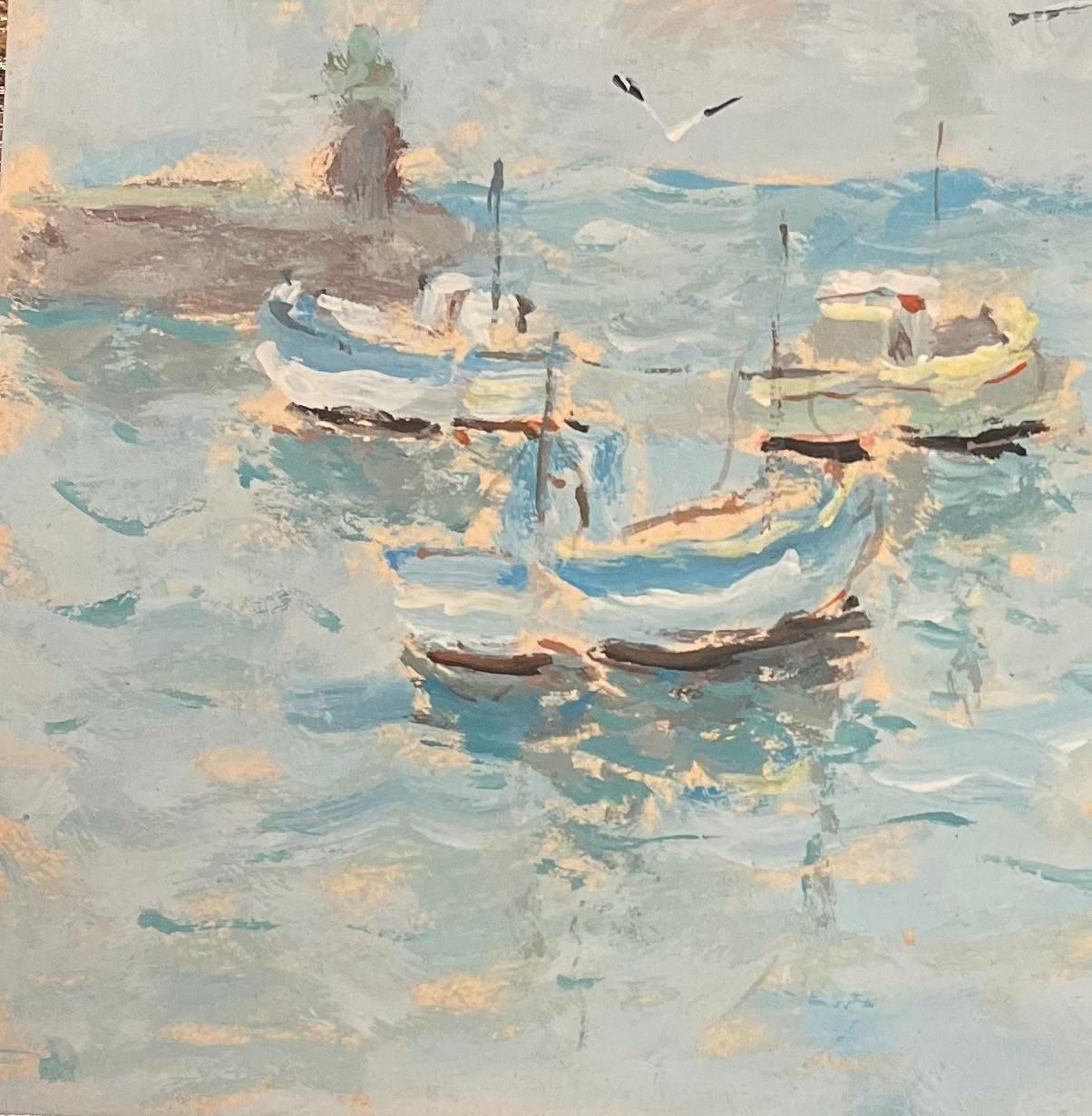 Fanch Lelfrench Impressionist Oil Painting Of Boats And Lighthouse In A Calm Harbour1998 photo Art