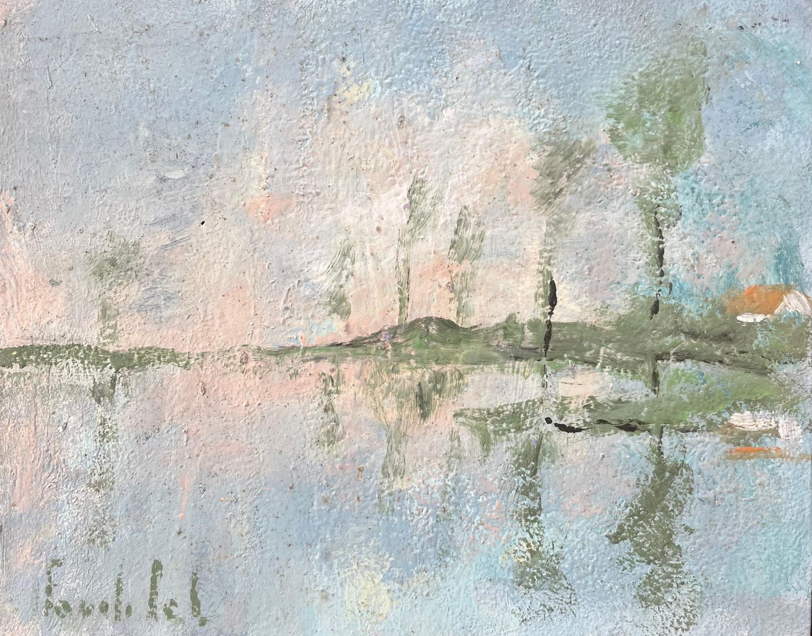 Fanch Lelfrench Impressionist Oil Painting Of Reflections Of A Cottage On A Misty Lake20th Century