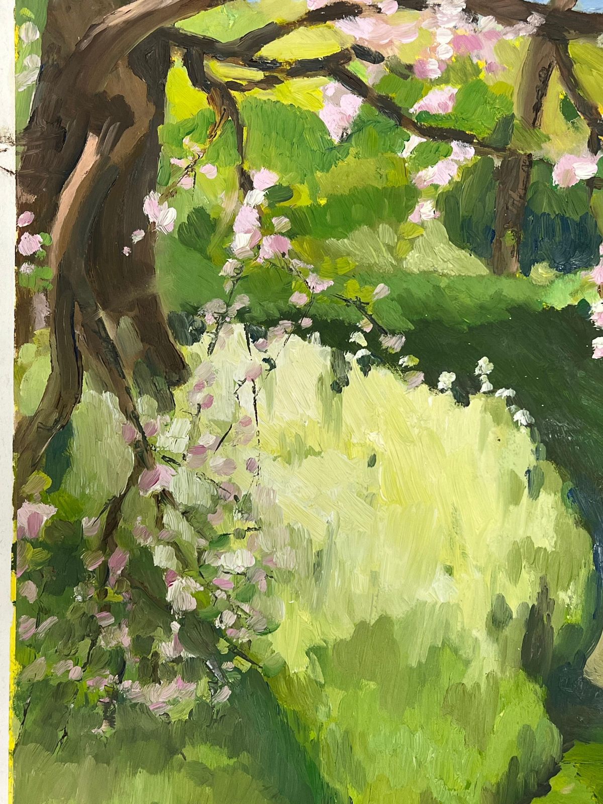 Jill Jacksonsunlit Garden Path With Blooming Cherry Blossoms Vibrant Green Foliage photo Art