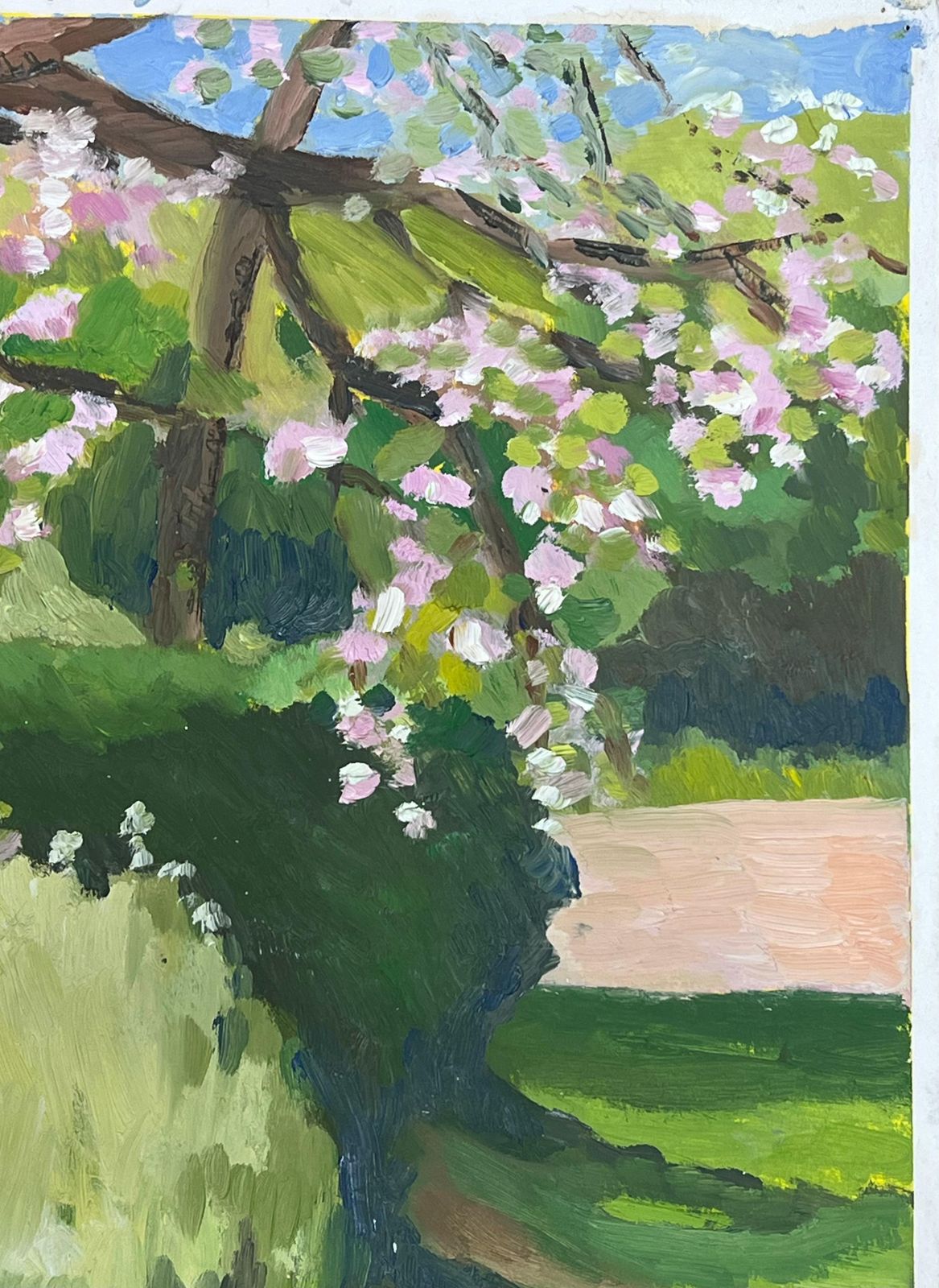 Jill Jacksonsunlit Garden Path With Blooming Cherry Blossoms Vibrant Green Foliage photo vinterior