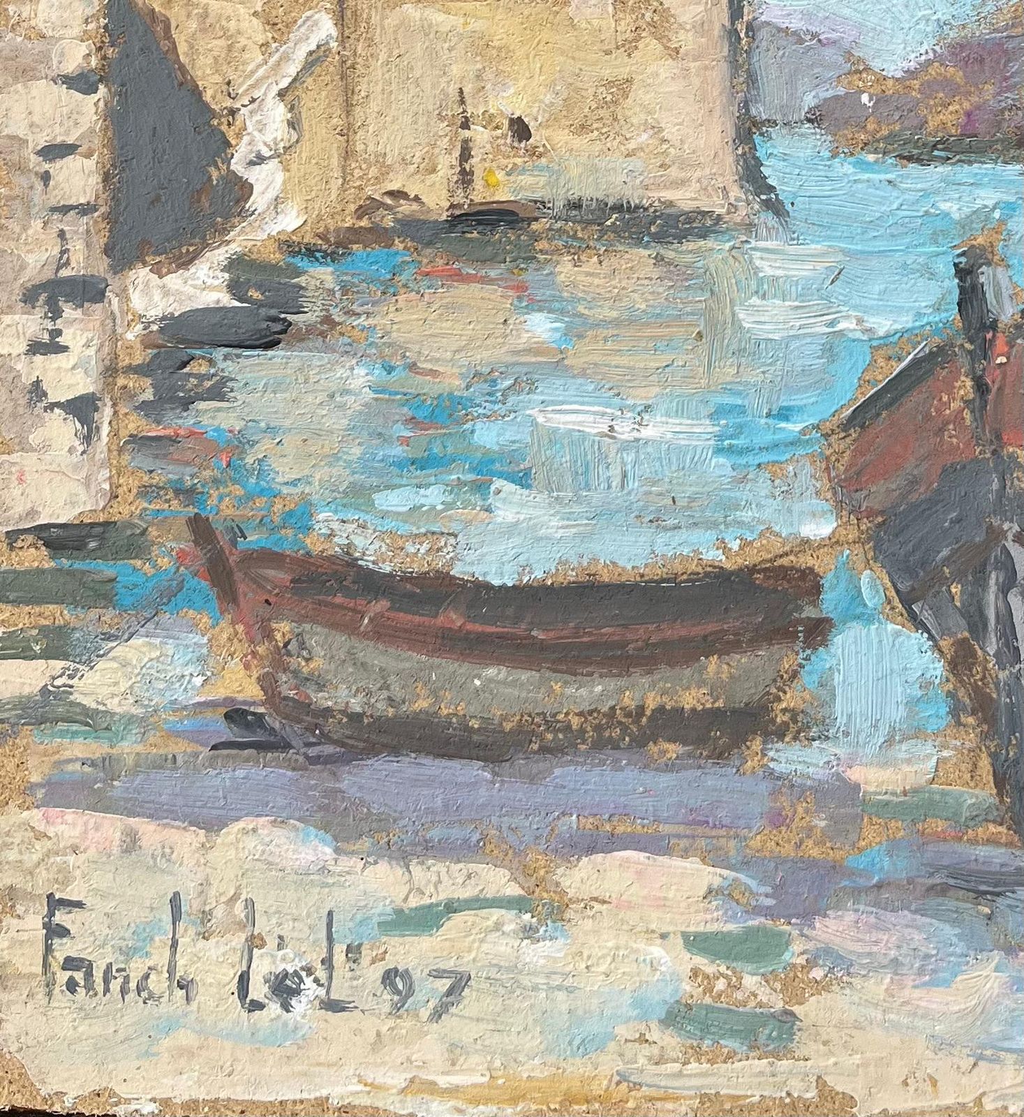 Fanch Lelfrench Impressionist Oil Painting Of Boats By A Coastal Tower20th Century photo Art