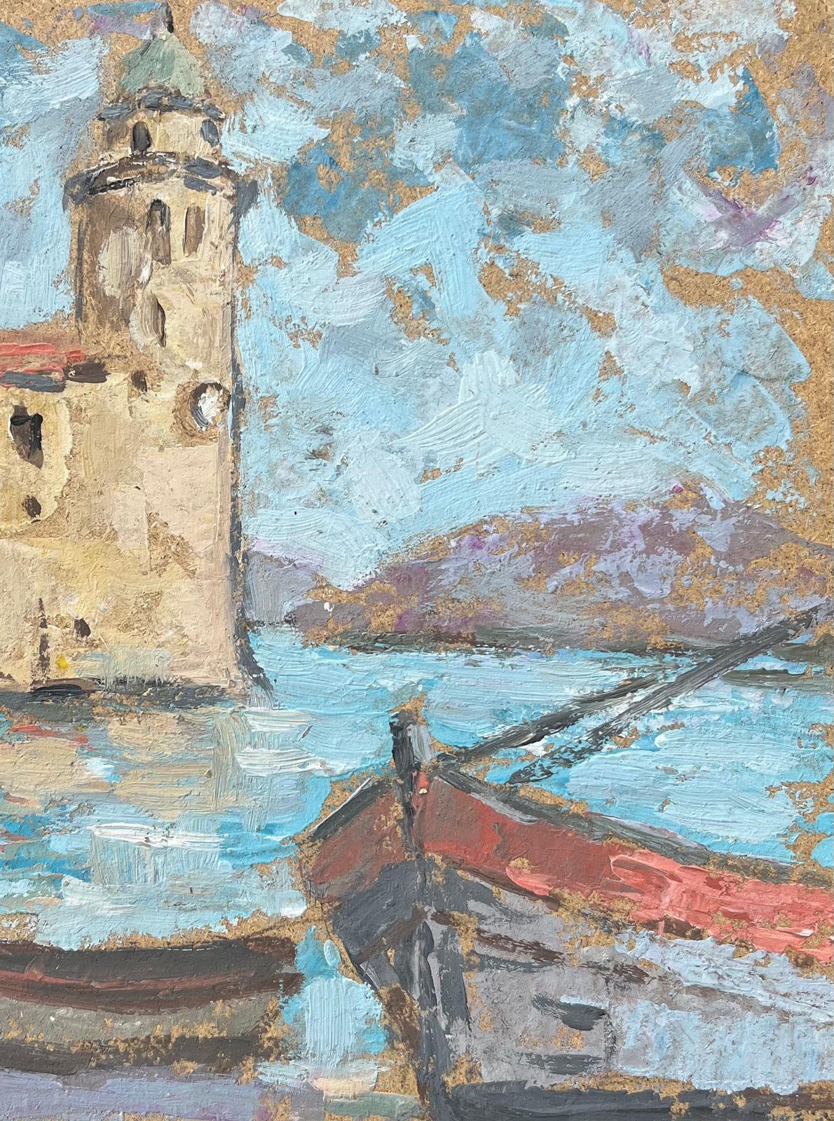 Fanch Lelfrench Impressionist Oil Painting Of Boats By A Coastal Tower20th Century photo vinterior