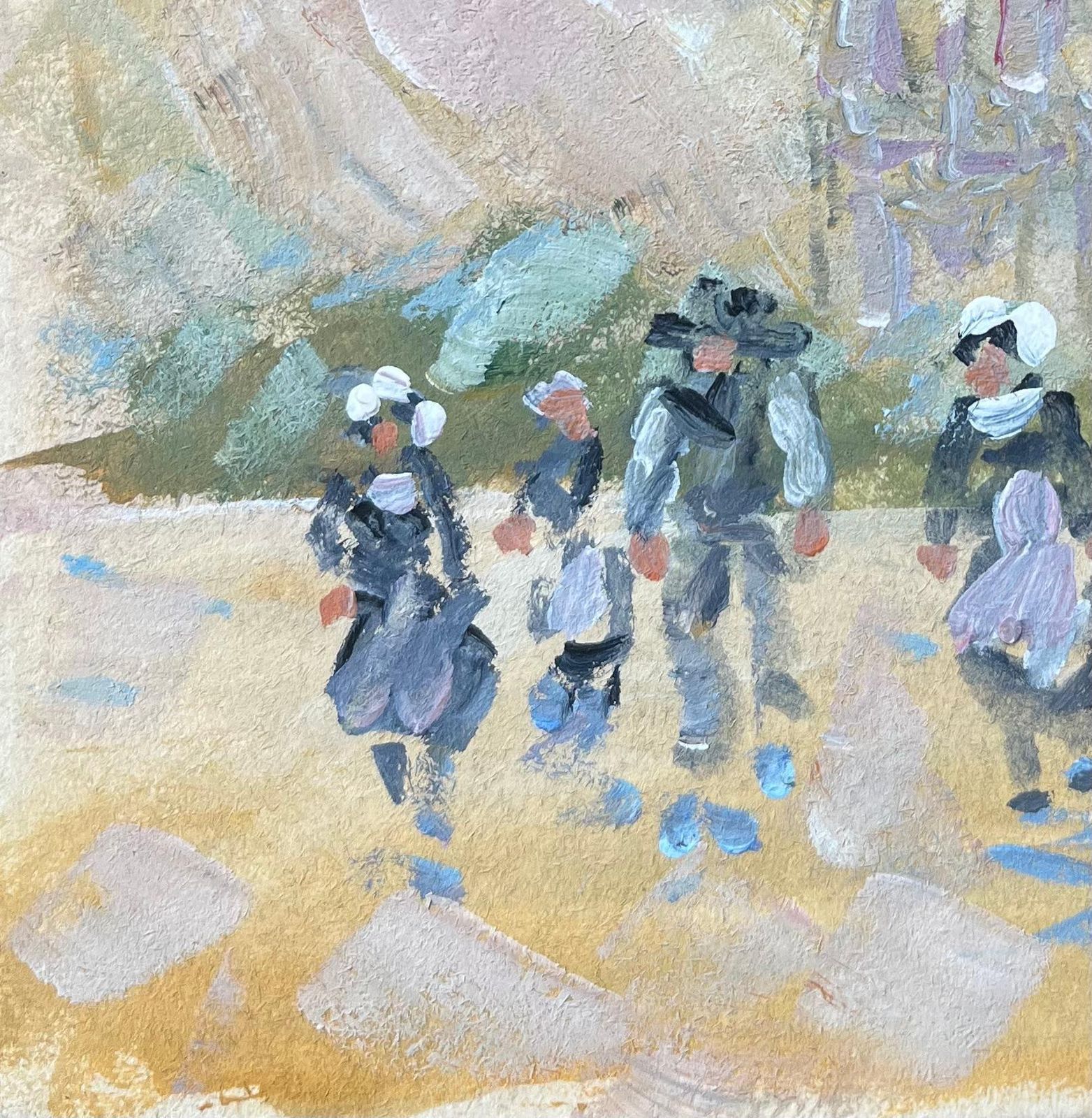 Fanch Lelfrench Impressionist Oil Painting Of Breton Women Leaving Church In Quimper20th Century photo for sale