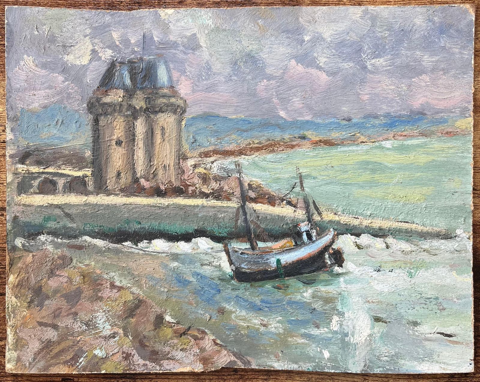 Fanch Lelfrench Impressionist Oil Painting Of View Of The Vauban Tower, Camaret Sur Mer20th Century photo furniture