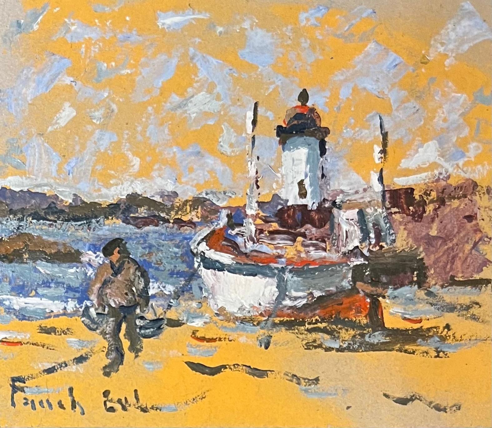 Fanch Lelfrench Impressionist Oil Painting Of A Boat And A Fisherman Near A Lighthouse20th Century