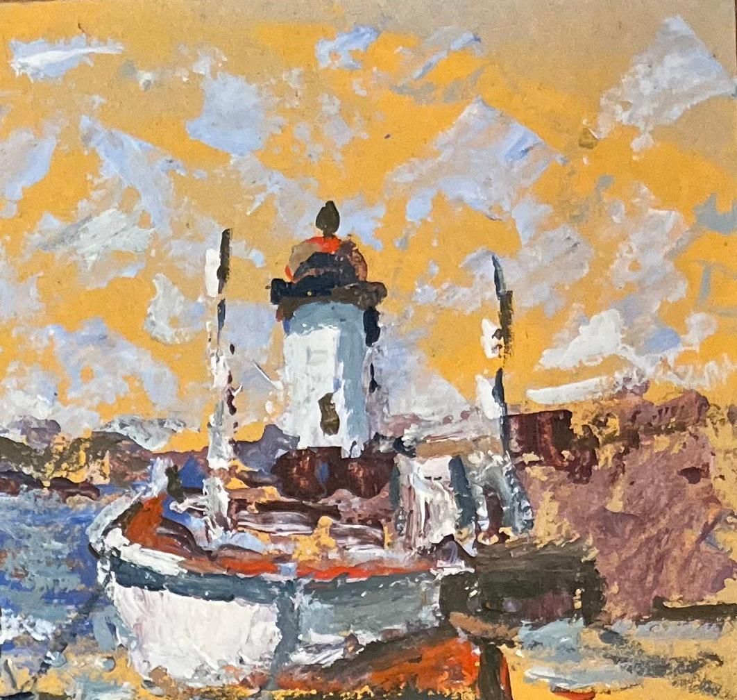 Fanch Lelfrench Impressionist Oil Painting Of A Boat And A Fisherman Near A Lighthouse20th Century photo 515.0
