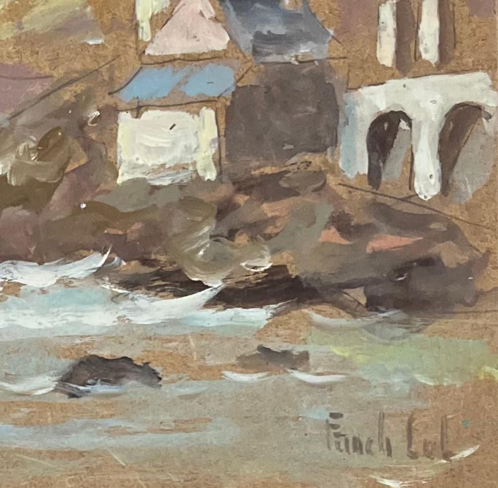 Fanch Lelfrench Impressionist Oil Painting, Coastal Architecture With Turrets And Seagull20th Century photo for sale