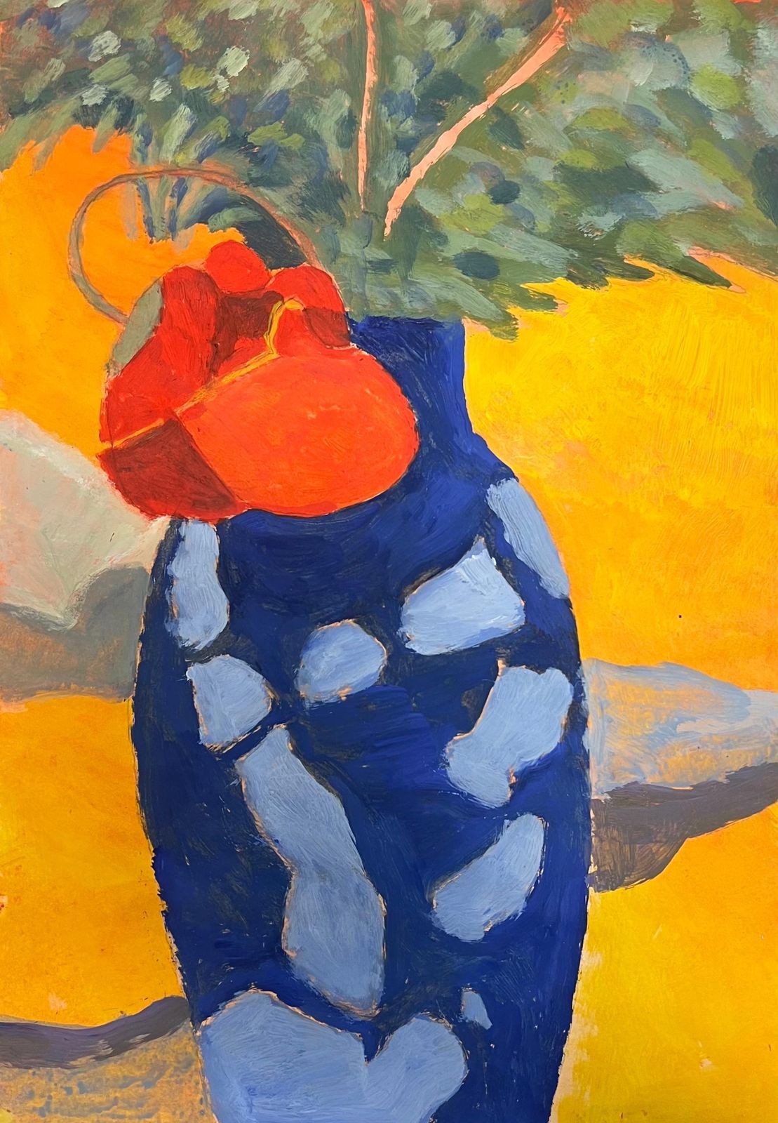 Jill Jacksonbold Blue Vase With Red Flower On A Vibrant Yellow Background British Oil