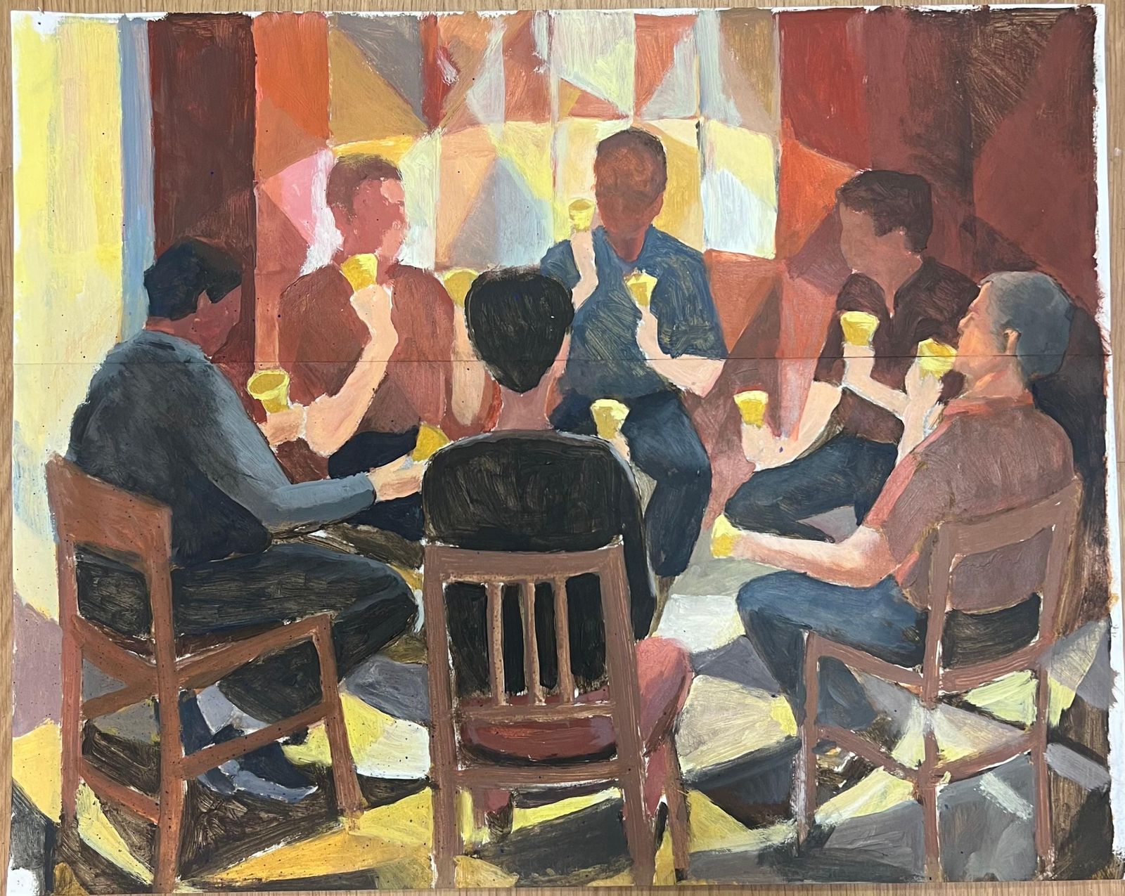 Guy Nicodcircle Of Friends Ringing Bells In Harmony Amidst Geometric Patterns French Oil1952 photo furniture