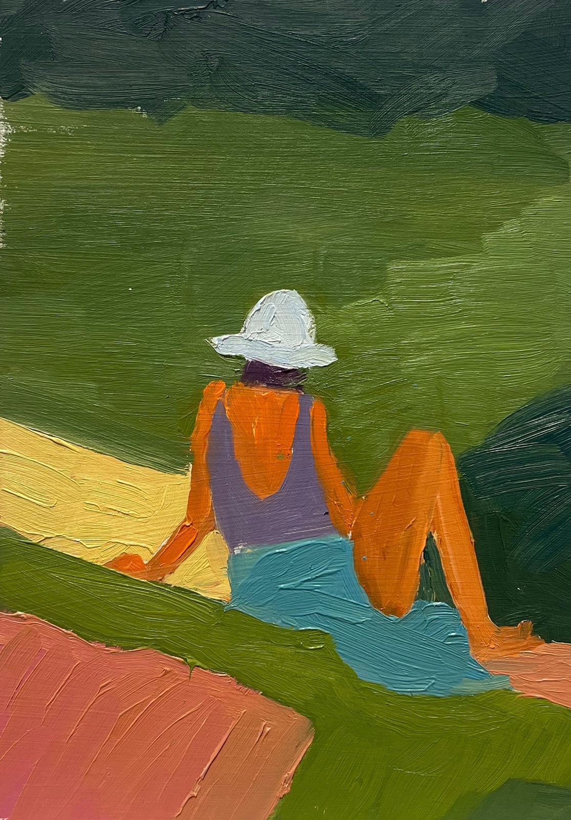 Helen Greenfieldblock Color Contemporary British Oil Figure Sunbathing In The Summer Sun