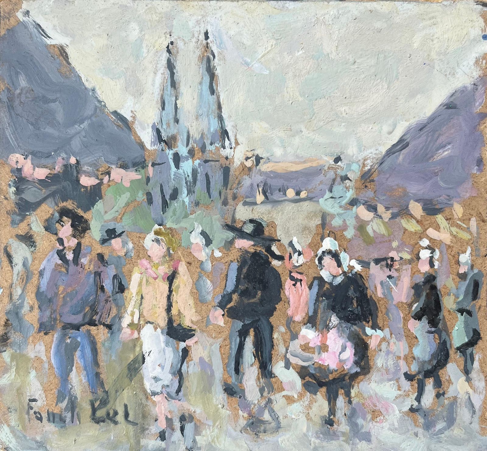 Fanch Lelfrench Impressionist Oil Painting Of A Bustling Scene At The Market In Quimper2004