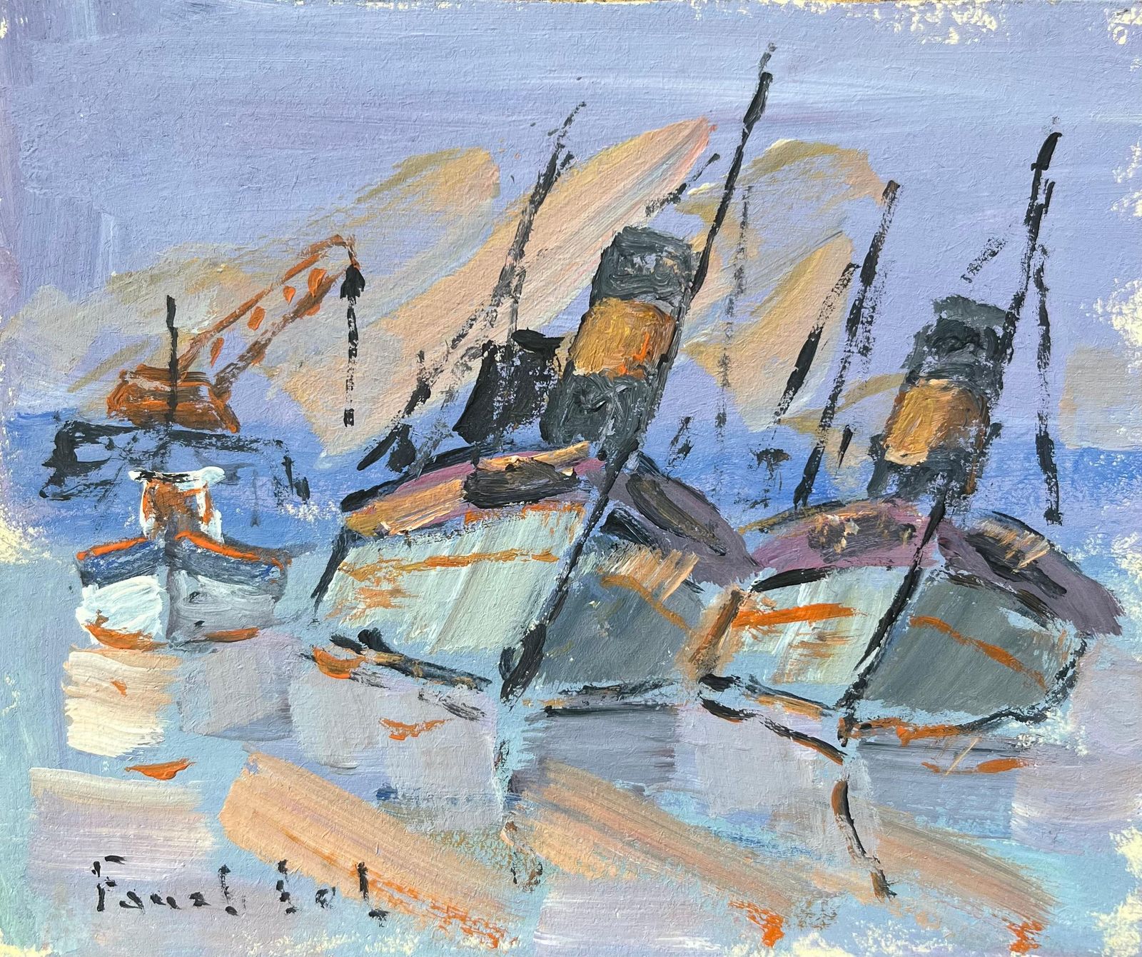 Fanch Lelfrench Impressionist Oil Painting Of Docked Boats In A Harbor20th Century