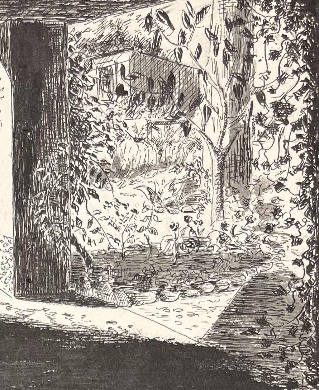 Josine Vignonmid Century French Ink Illustration Of A Shaded Garden View Through A Porch1950's photo 382.0