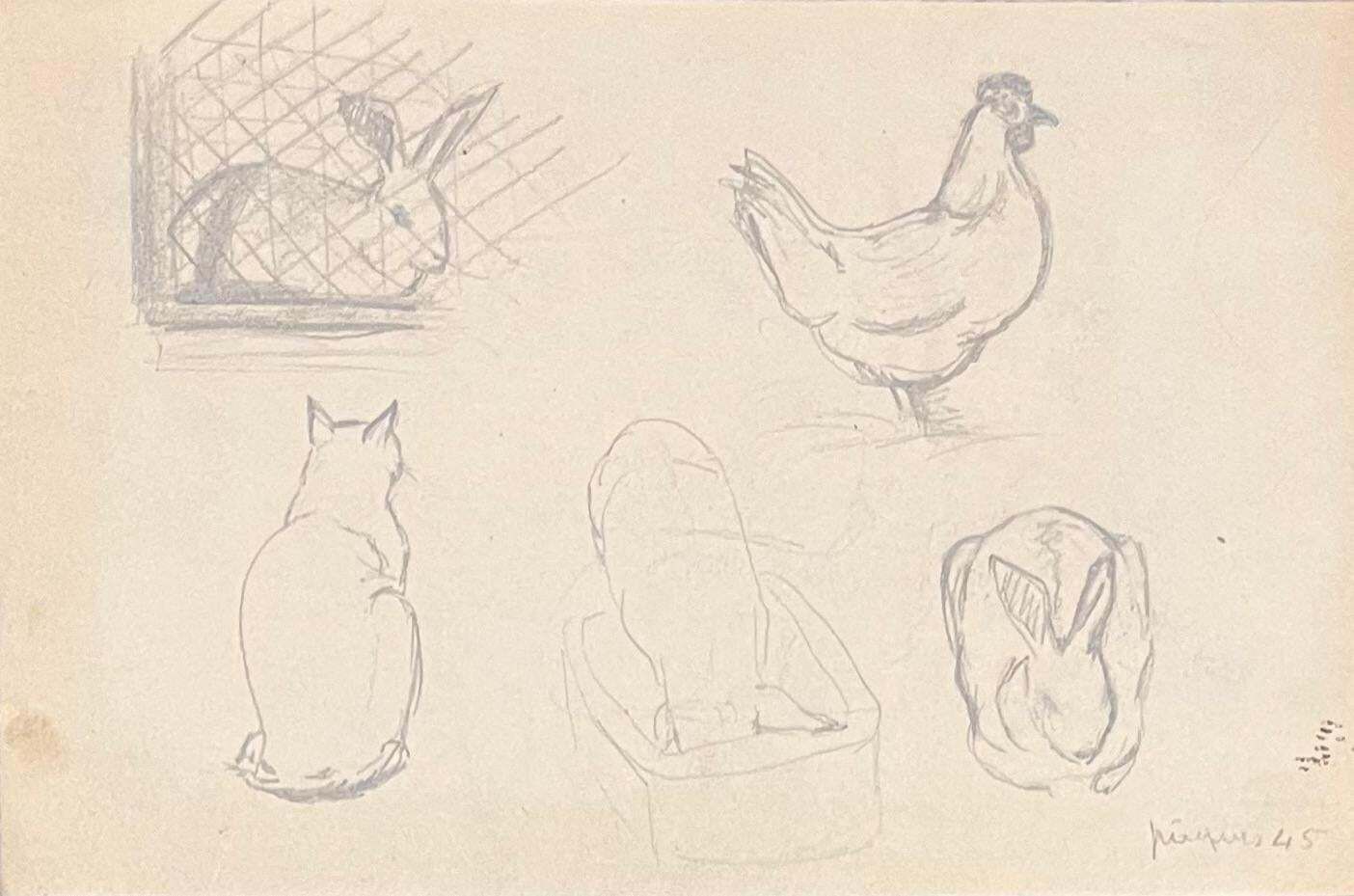 Josine Vignonmid Century French Pencil Study Of Various Animals1945