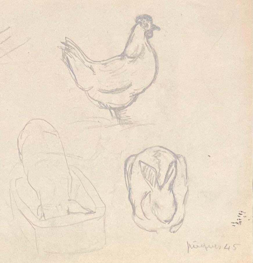 Josine Vignonmid Century French Pencil Study Of Various Animals1945 photo Art