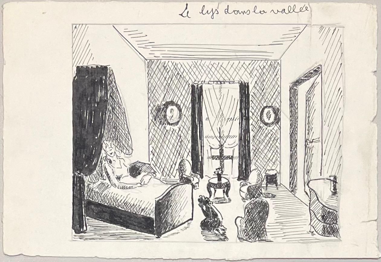 Josine Vignonmid Century French Ink Drawings Of Interior Scene With Woman Resting In Bed1950's photo furniture
