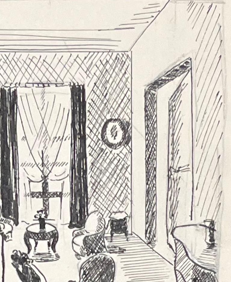 Josine Vignonmid Century French Ink Drawings Of Interior Scene With Woman Resting In Bed1950's photo Art