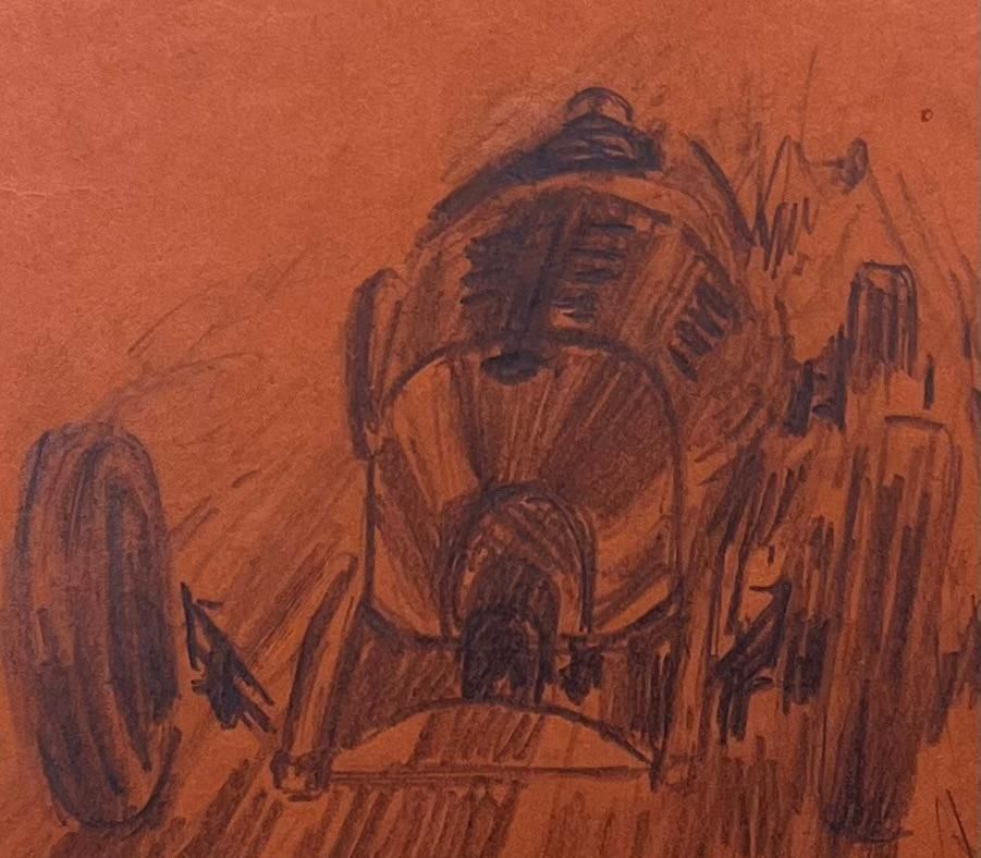 K.B. Whitevintage Race Car Pencil Illustration On Brown Paperearly 20th Century photo Art