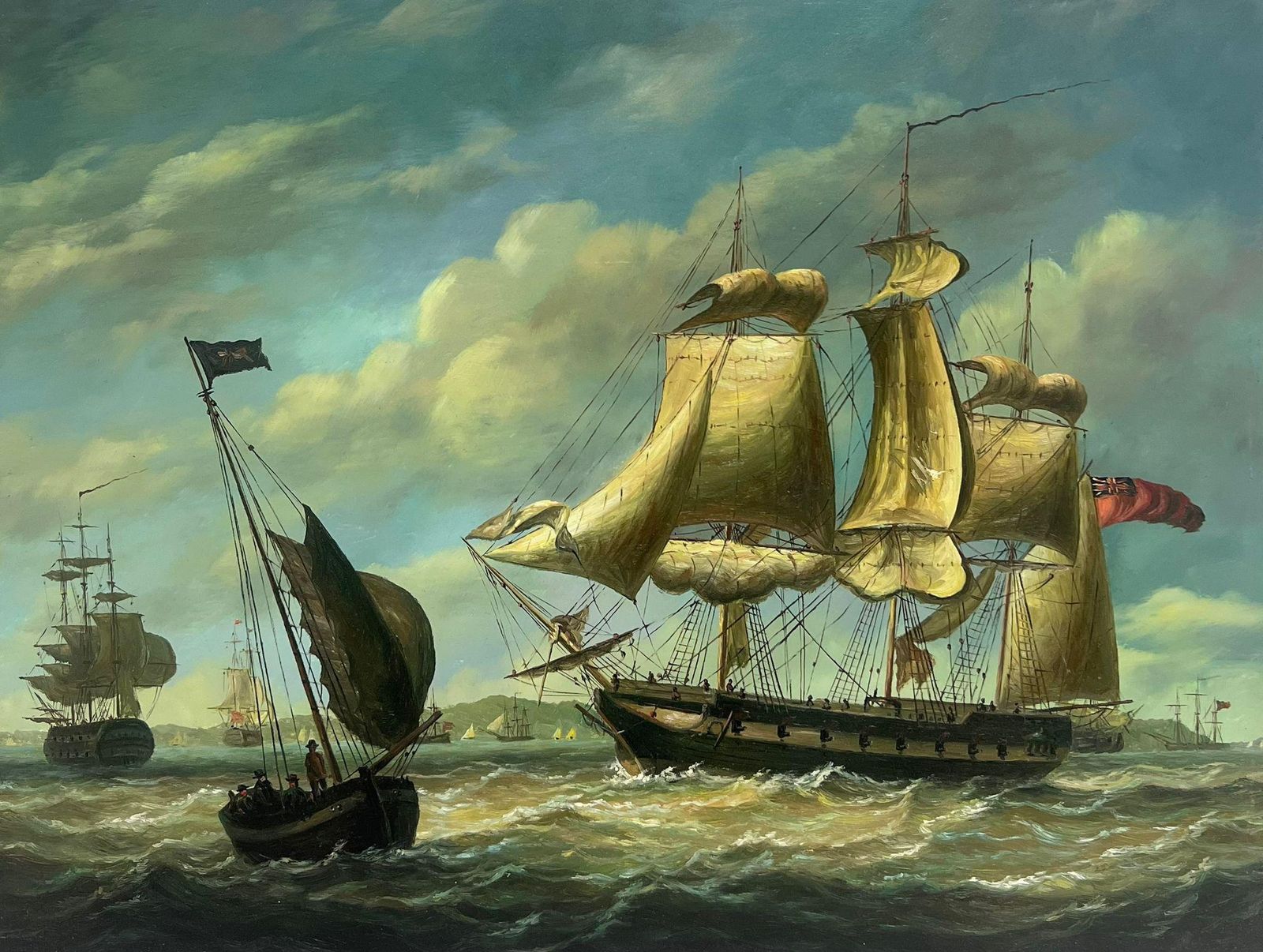 English Marine Oil Classic English Marine Oil Painting Tall Sailing Ships On Choppy Seas Off Coast