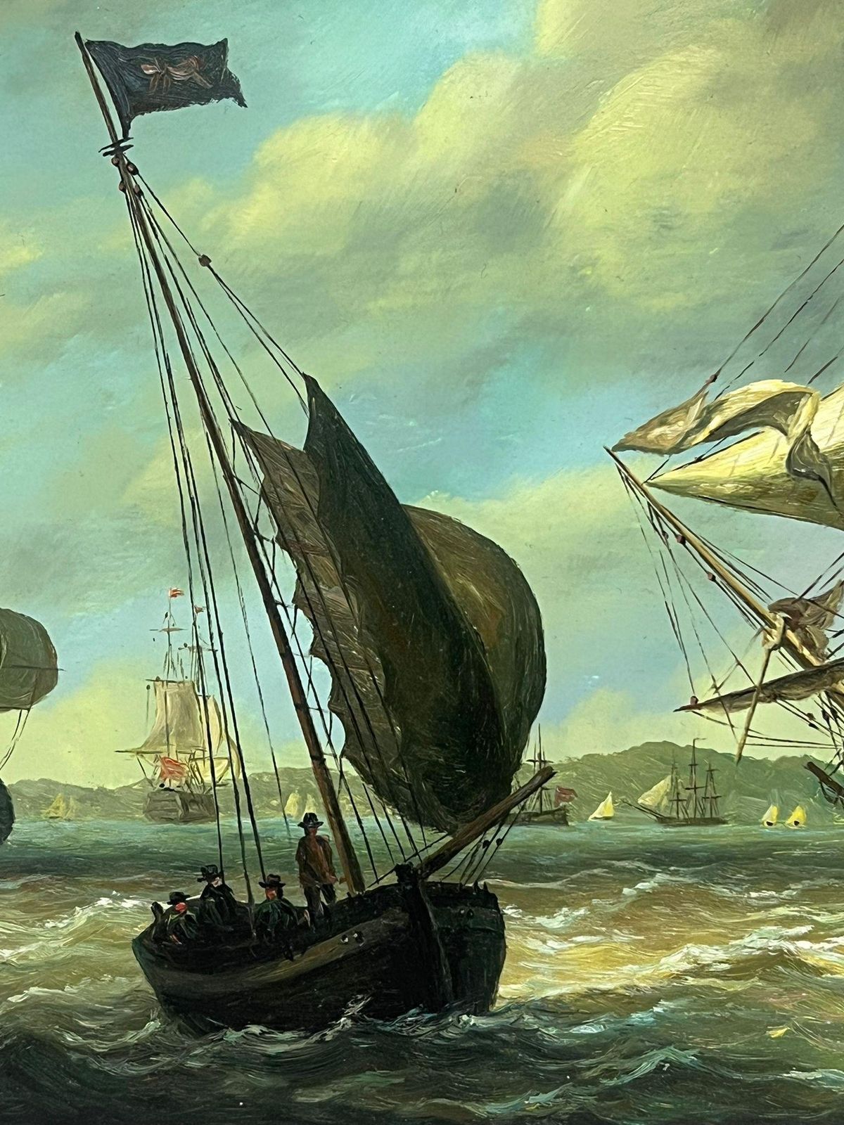 English Marine Oil Classic English Marine Oil Painting Tall Sailing Ships On Choppy Seas Off Coast photo for sale