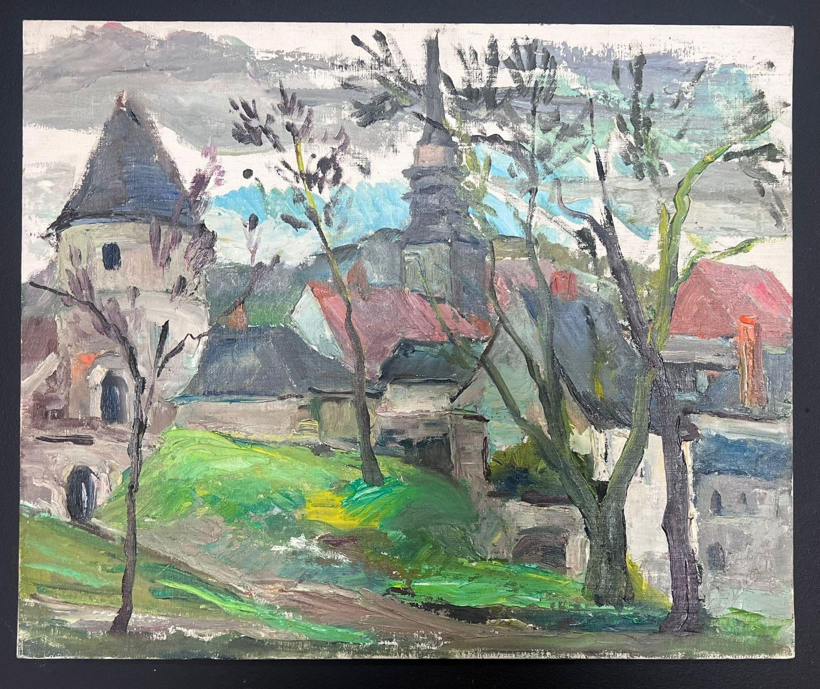 Regine Davidmid 20th Century 1950's French Post Impressionist Oil Old French Town Church1950's photo furniture
