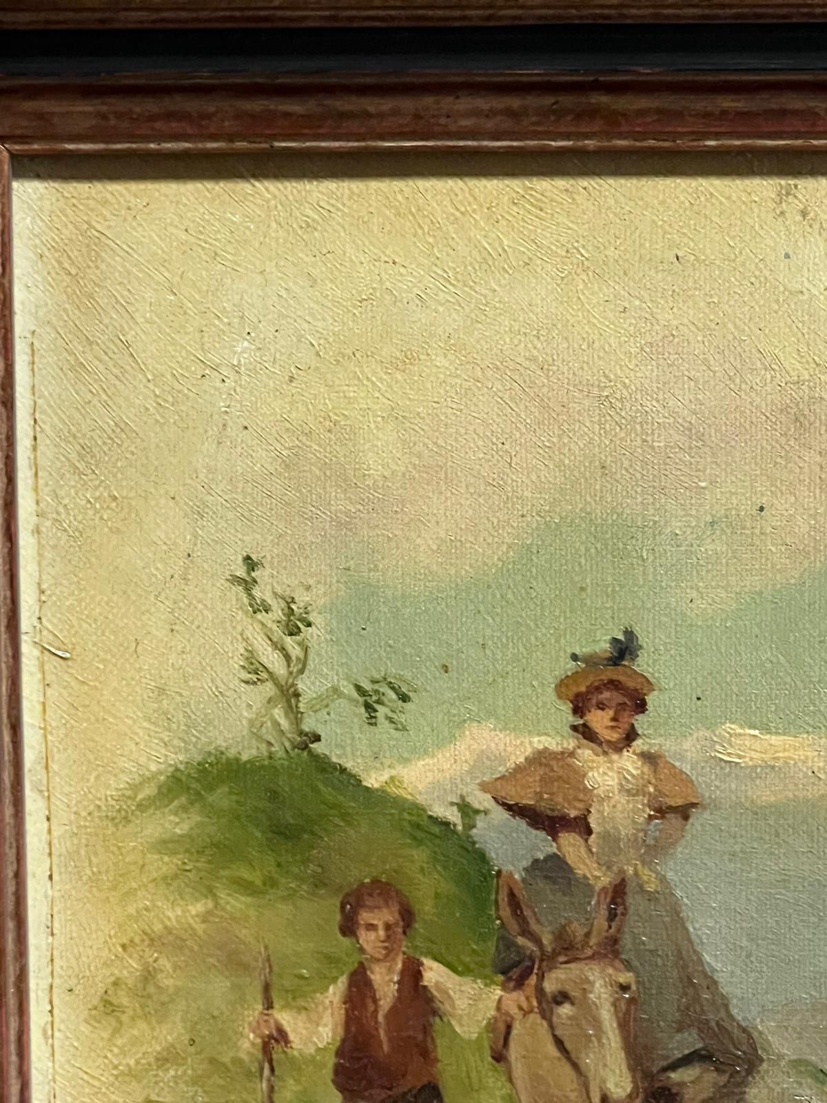 Italian 19th Centuryfigures Mountainside Pass Riding A Donkey Signed Antique Italian Oil Painting photo Art