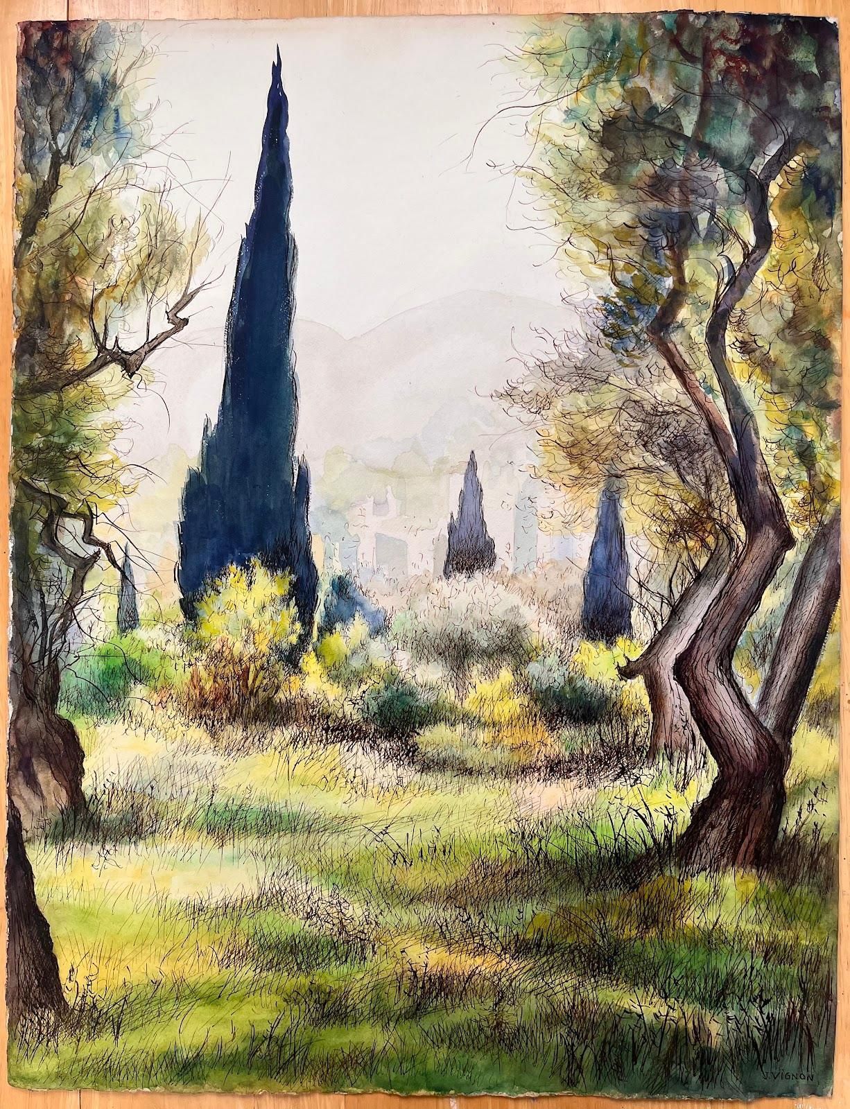 Josine Vignonmid Century French Original Painting Of Cypress Trees In Renoir's Garden1950's