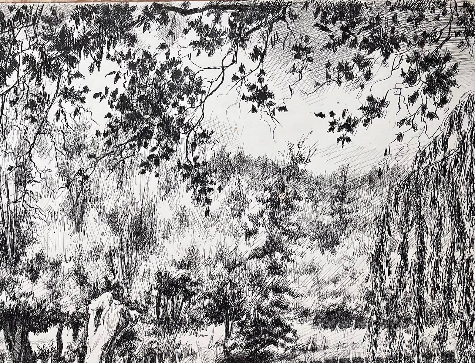 Josine Vignonmid Century French Original Ink Drawing Of A Riverside Scene With Boat1950's photo for sale