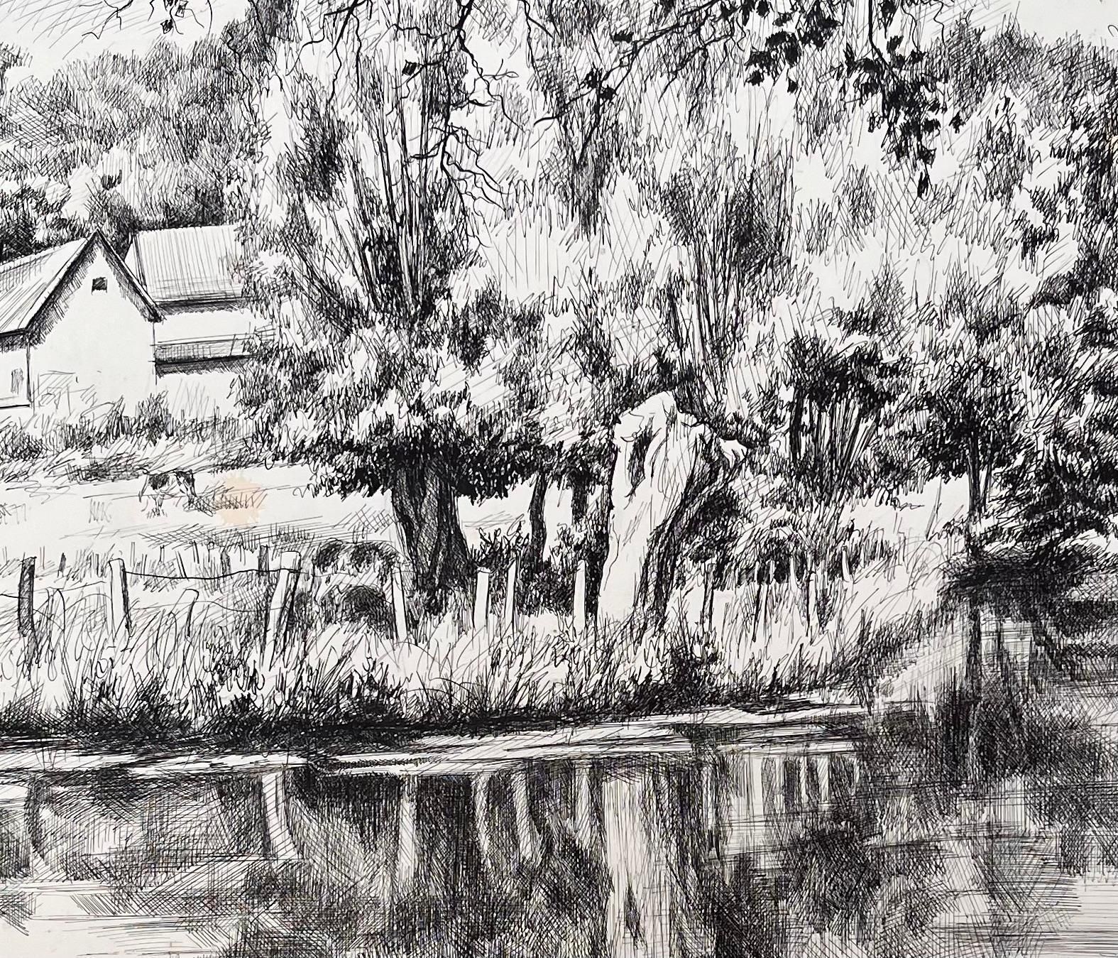 Josine Vignonmid Century French Original Ink Drawing Of A Riverside Scene With Boat1950's photo Art