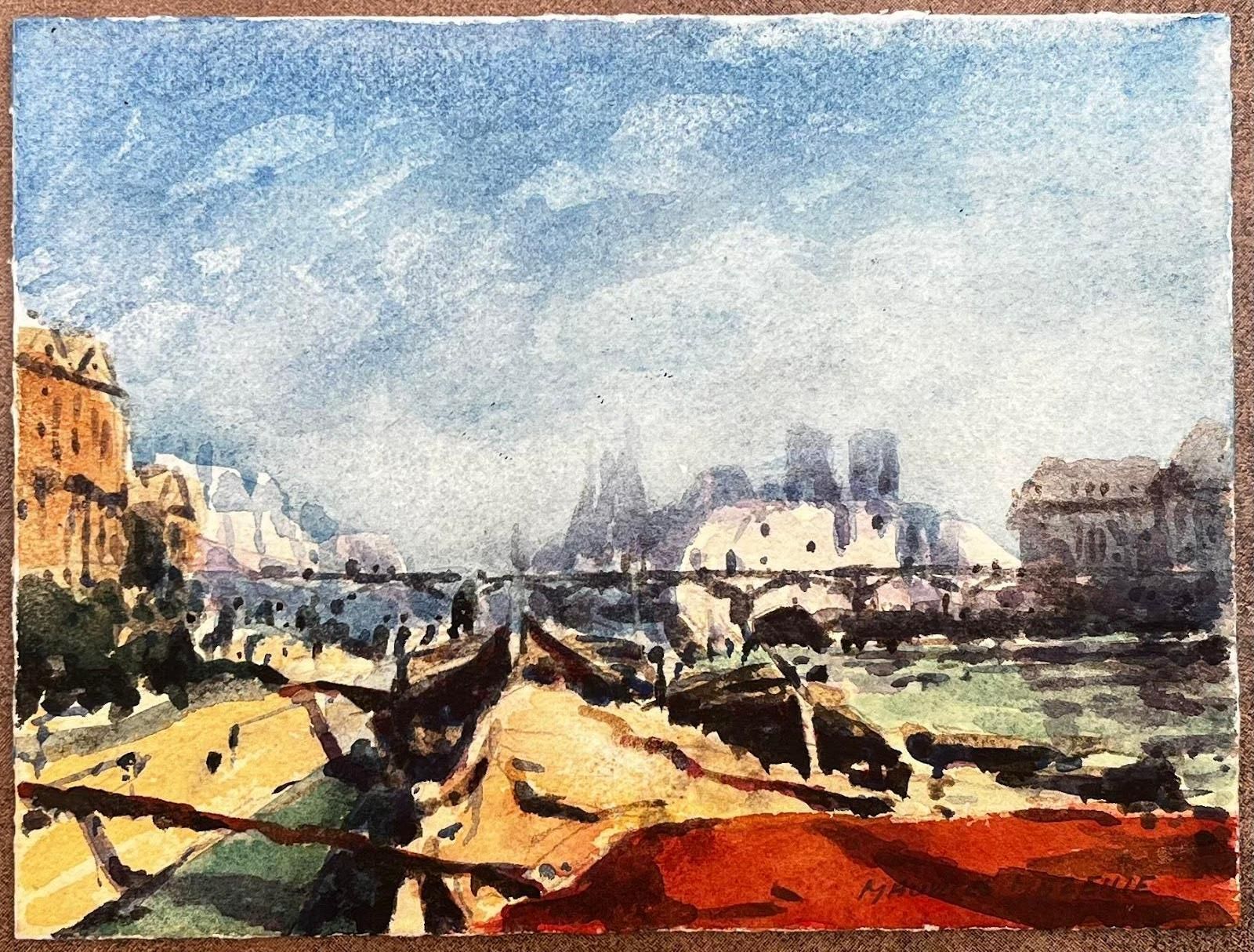 Maurice Mazeilefrench Impressionist Watercolor Landscape Paris City Skyline From River Seine20th Century