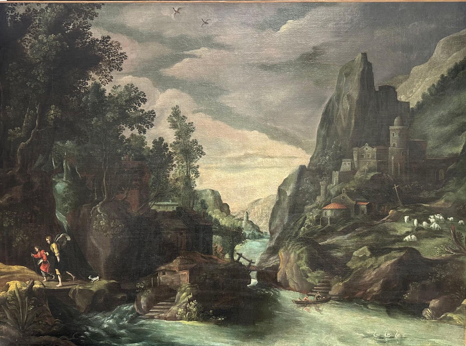 Huge 1600's Flemish Old Master Oil Painting Tobias & The Angel Baroque Landscape1600