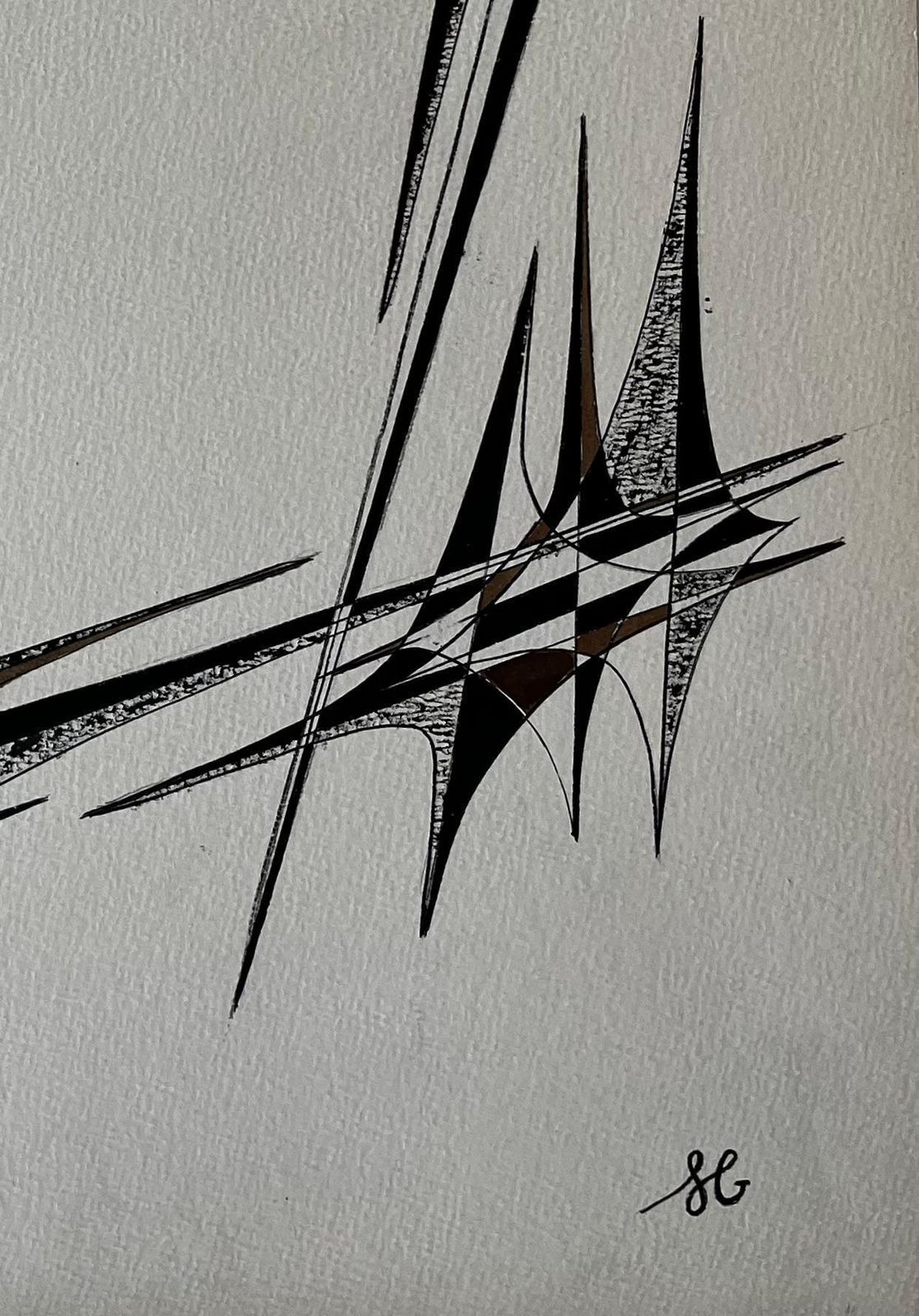 Serge Guerin (1916)mid Century French Geometric Abstract Black And Brown Ink Drawing On Paper photo 729.0