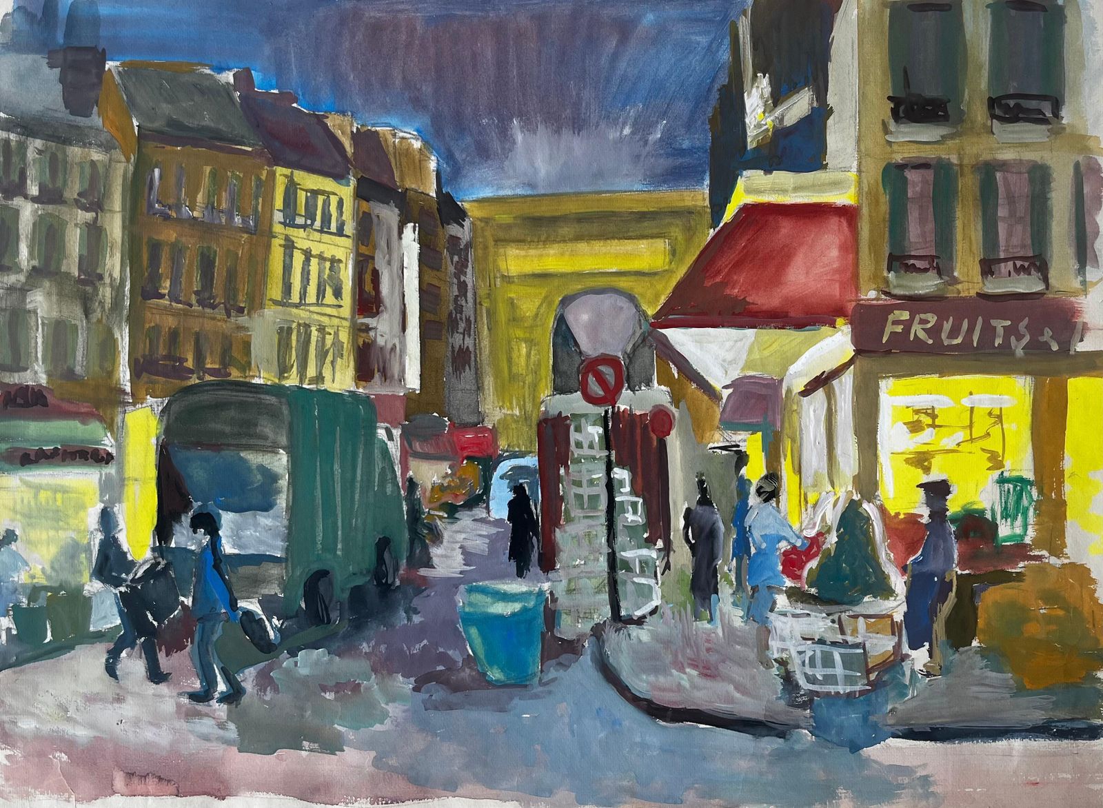 Guy Nicodfrench Gouache Street Scene With Market Stalls Shops Figures And Architecture