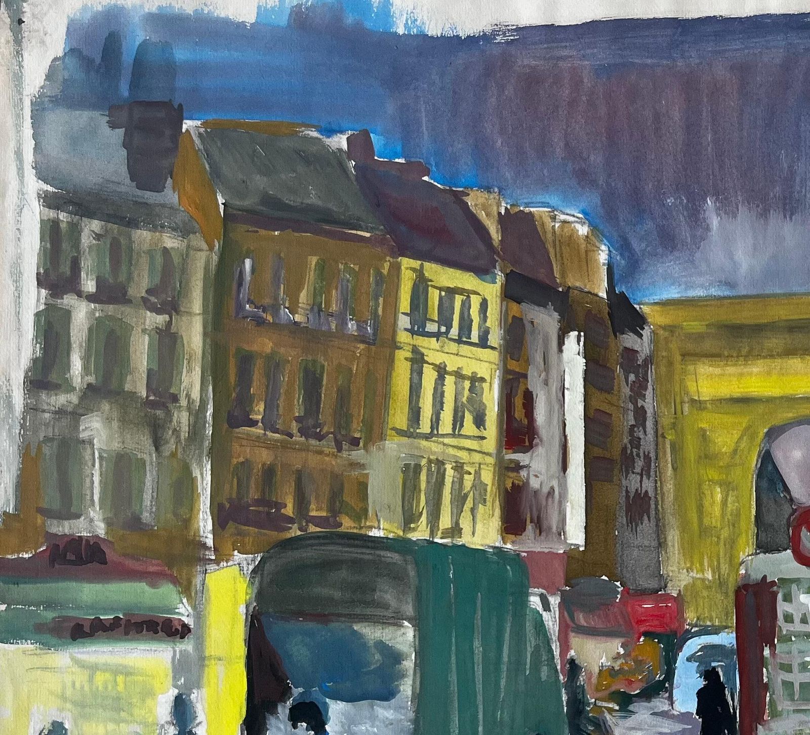 Guy Nicodfrench Gouache Street Scene With Market Stalls Shops Figures And Architecture photo for sale
