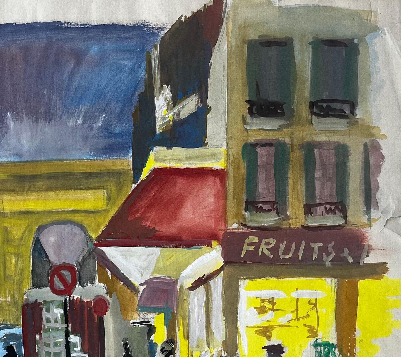 Guy Nicodfrench Gouache Street Scene With Market Stalls Shops Figures And Architecture photo vinterior