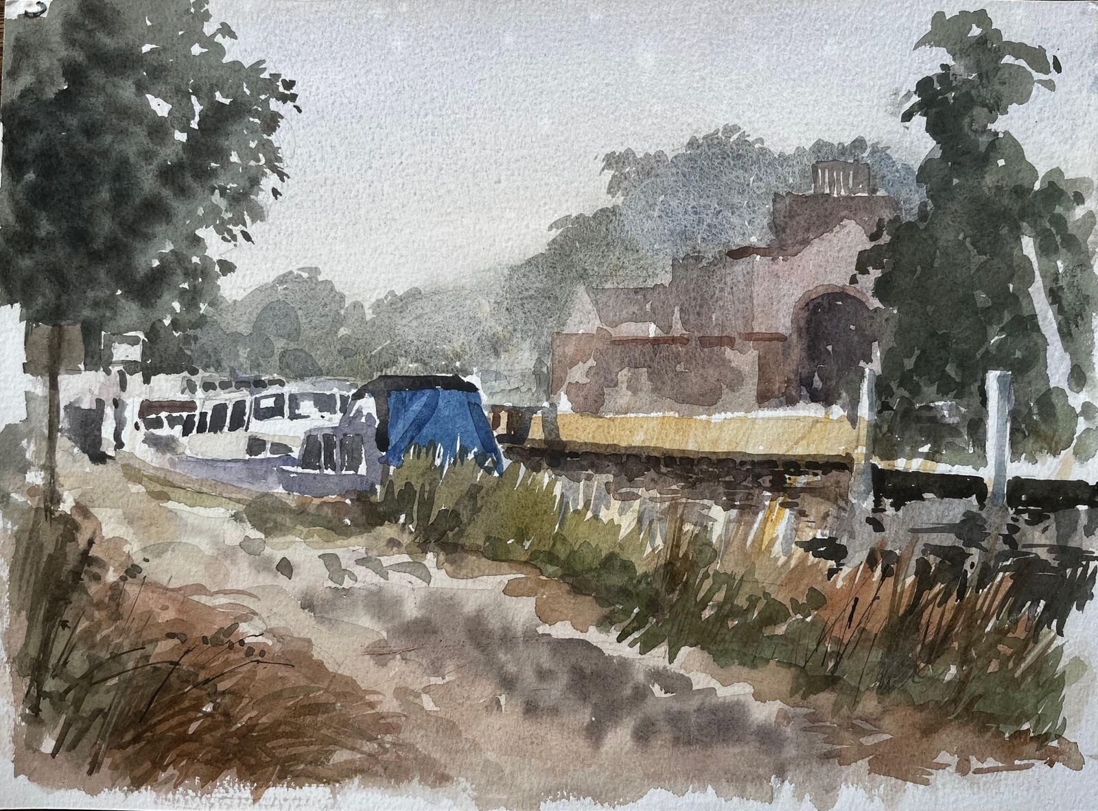 Anthony Herbertcanal Boats By Boveney Lock Windsor In Summer Light Watercolour 19951995