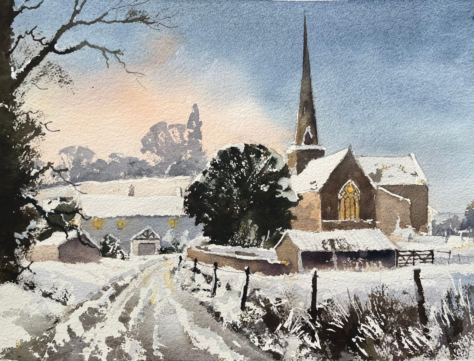 Anthony Averybritish Impressionist Watercolor Of Snow Covered Church At Sunset